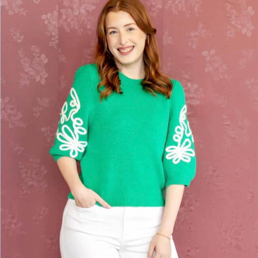 THML Vibrant Green Sweater with White Floral Details